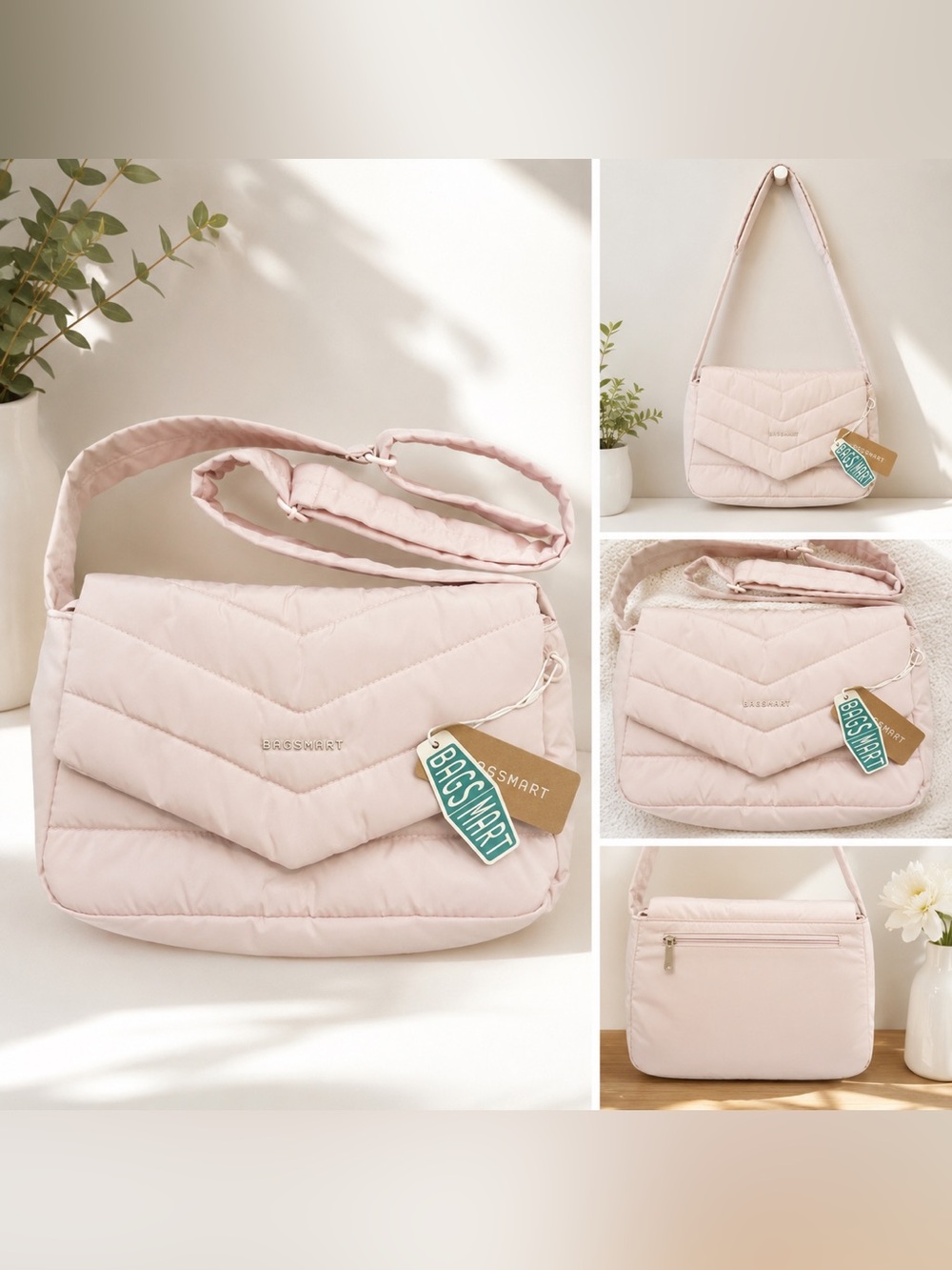 Bagsmart Quilted Crossbody Bag in Blush Pink